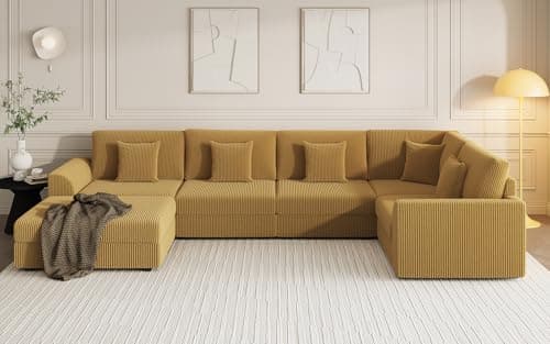 146" Modular Sectional Sofa, Oversized U Shaped Couch, Convertible Sleeper Sofa, 6 Seat Sofa with Chaise, Deep Seat Comfy Cloud Couch with Ottoman and Five Pillows for Living Room, Corduroy, Yellow - Thumbnail 4