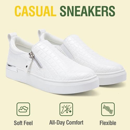 Jeossy Women's Slip On Shoes Casual Fashion Sneakers White 8010 Arch Support Loafers for Women with Zipper 11 (DJY8010 whitecroco 11) - Thumbnail 3
