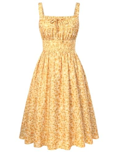 Belle Poque 2026 Summer Yellow Floral Dress for Women Midi A Line Sundress Cute Milkmaid Dress with Pockets S - Image 1