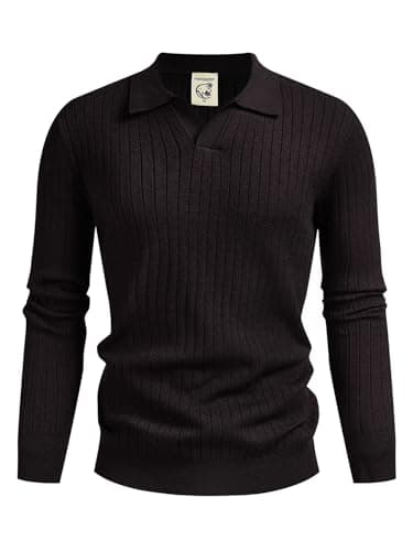 Hardaddy Men's Ribbed Knit Sweater Casual Long Sleeve Polo Sweater Collared V Neck Polo Shirts Solid Pullover Tops Reddish Black XXL - Image 1