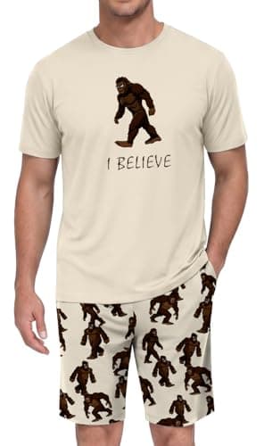 PrinStory Men's I Believe Pajama Set, Bigfoot Graphic Tee and Printed Shorts, Novelty Sleepwear Loungewear Set for Home, Sasquatch Gift, Cream XL - Image 1