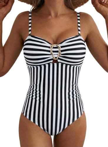 Aleumdr 2026 Trendy Striped One Piece Bathing Suit for Women Tummy Control Swimwear Slimming Bathing Suit Cutout Metal Ring Swimsuit Black Stripe Small - Image 1