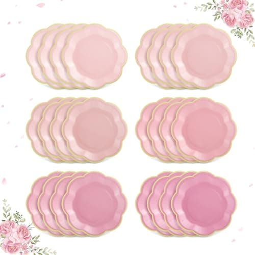 NatNarr 60 Pcs Pink Paper Plates, 7 Inch Gradient Pink Dessert Plates with Gold Edge Scalloped Mothers Day Plate Disposable Pink Plate for Wedding Girl Baby Shower Birthday Bridal Party Supplies - Image 1