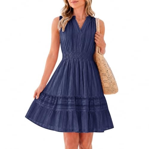 Modelshow Summer Dresses for Women 2026 Casual Mini Sundress V Neck Sleeveless A Line Flowy Boho Beach Dress with Pockets Navy Blue - Image 1