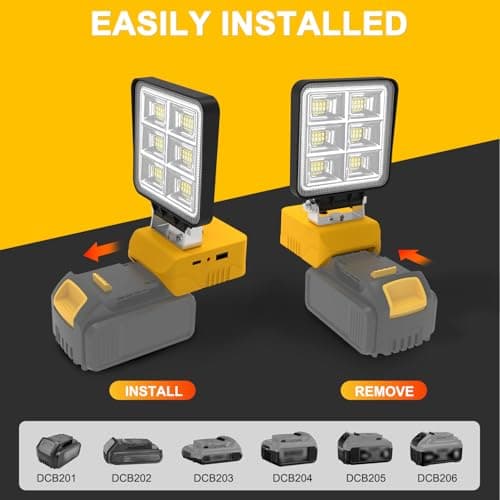 T-SUN LED Work Light, Portable Work Light Compatible with Dewalt 20V Battery, Cordless Flashlight Flood Lights 52W 5200LM with USB &Type C Charger Port for Workshop, Garage Repair (1 Pack) - Thumbnail 6