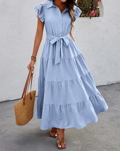 dowerme Ladies Dress 2025 Ruffle Cap Sleeve Button Down V Neck Tie Waist Plain Pleated Tiered Boho Flowy A-Line Dresses(Sky Blue,X-Large) - Thumbnail 2