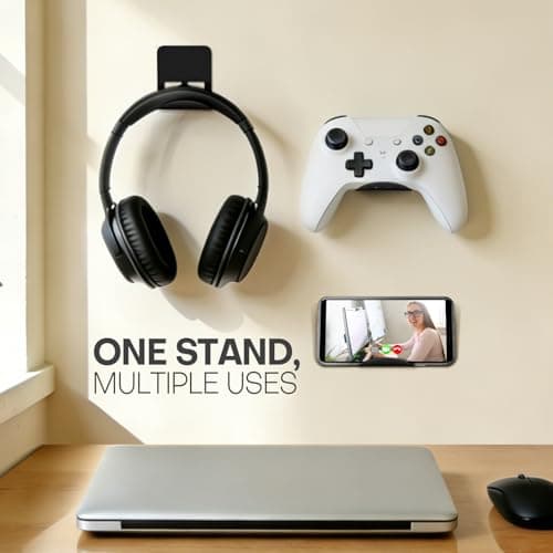 Nezylaf Wall Mount Headphone Stand, 2-in-1 Bendable Silicone Controller Holder, Adhesive Under Desk Hook for Gaming Office & Home, Fits All Headphones for PS5 Xbox Controllers - 1 Pack (Black/White) - Thumbnail 2