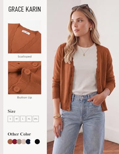 GRACE KARIN Women's Lightweight Cropped Cardigan Sweater, V Neck Knit Shrugs, Button Up Wool Open Front Blazer Orange XL - Thumbnail 5