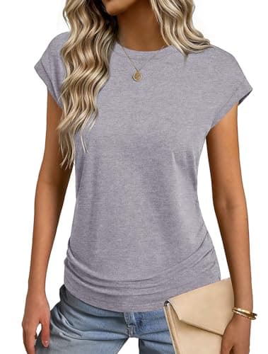 GKBK Womens Summer Tops Ruched Cap Short Sleeve Tshirts Business Fashion Trendy Clothes Outfits Gray L - Image 1