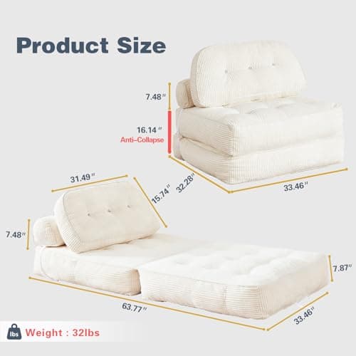 NESLAKO Folding Sofa Bed, Flannel Futon Couch Bed with Pillow and Blanket, Convertible Sleeper Chair for Living Room Bedroom, White - Thumbnail 2