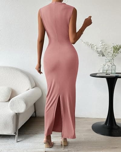BTFBM Women Ruched Bodycon Maxi Dresses Summer Casual Sleeveless Lightweight Slit Elegant Cocktail Wedding Guest Dress(Pink, Medium) - Thumbnail 4