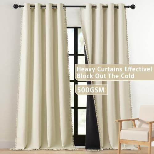 Linen Blackout Curtains for Living Room 84 Inches Long Boho Black Out Curtains for Bedroom Thermal Insulated Light Blocking Drapes 2 Panels Set Noise Reduction Curtain - Thumbnail 6