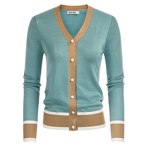 GRACE KARIN Women's Button Down Long Sleeve V Neck Cotton Knit Cropped Cardigan Sweater Spring Summer Fashion Clothes Striped Sweater (2XL,Contrsat-Blue) - Image 1