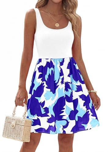 KIRUNDO Summer Dresses for Women 2026 Sleeveless Boho Floral Mini Dress Tank A Line Flowy Beach Vacation Resort Wear Sundress(White Blue, XX-Large) - Image 1