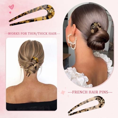 2 PCS Personalized Initial French Hair Pin for Women 5.1 Inch, Monogram Tortoise Shell Acetate U Shaped Hair Fork 2 Prong Chignon Pin Hair Accessories Birthday Gifts - Thumbnail 5