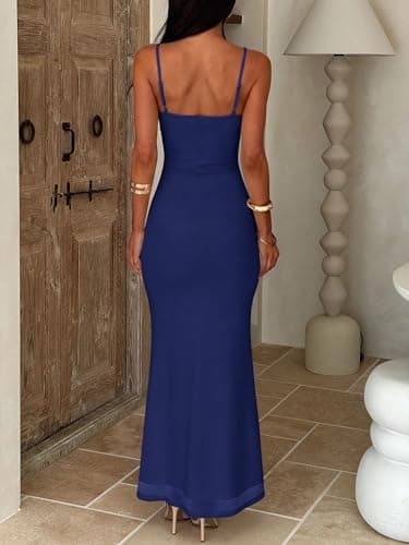 Prinbara Womens Mesh Bodycon Formal Maxi Dresses Summer Spaghetti Strap Ruffle Cocktail Wedding Guest Party Prom Long Dress Navy Blue Medium - Thumbnail 5