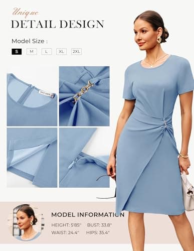 GRACE KARIN Women's Short Sleeve Bodycon Work Dress Business Midi Sheath Dress Office Cocktail Dress Gray Blue XL - Thumbnail 3