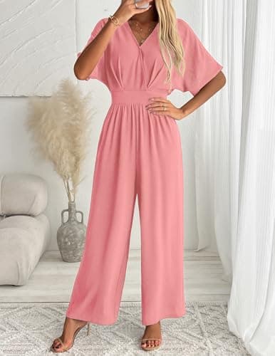 LOOKBOHO Jumpsuits for Women V Neck Elegant Dressy Casual One Piece Romper Batwing Sleeve Wide Leg Jumpsuit Outfits Pink XL - Thumbnail 2