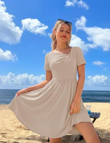 MEROKEETY Women's Summer Asymmetrical V Neck Sundress 2026 Short Sleeve Casual Ruched A Line Beach Vacation Mini Dresses, Khaki, Large - Thumbnail 6