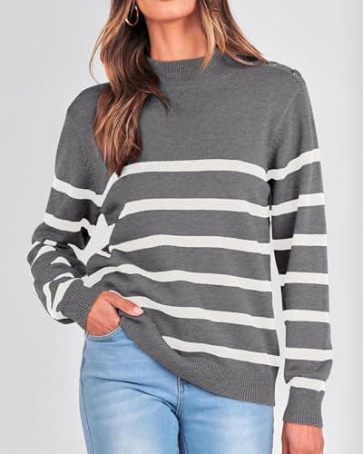 KIRUNDO Fall Sweaters for Women 2026 Striped Turtleneck Ribbed Knit Sweater Trendy Pullover Jumper Winter Fashion Clothing(Large, Gray) - Thumbnail 3