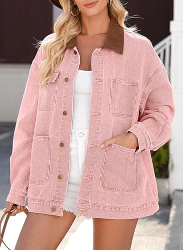 Dokotoo Plus Size Jean Jacket Women Trendy 2025 Outfits Color Block Denim Jacket With Contrasting Corduroy Collar Oversized Long Sleeve Button Down Barn Jackets Shacket Coat With Pockets PinkM - Thumbnail 3