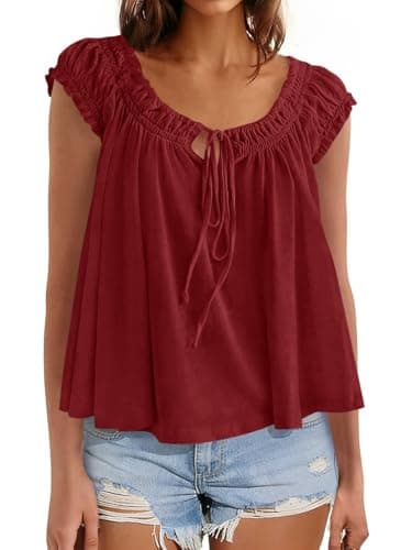 Beloyoni Womens Summer Babydoll Flowy Tank Tops Tie Front Ruffle Cap Sleeve Blouses Cute Going Out Dressy Shirts Wine Red XL - Image 1