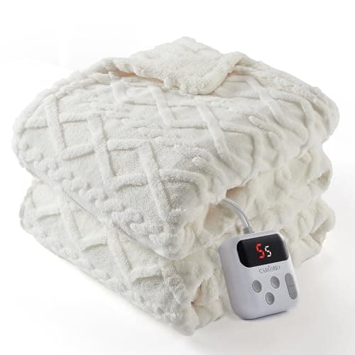 CAROMIO Electric Blanket Twin Size - Thick Tufted Sherpa Heated Blanket Twin with 10 Heating Levels and 10 Time Settings, ETL Certified Machine Washable Fast Heating Blanket Twin 62"×84", White
