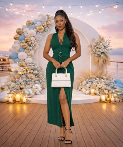 Deep V Neck Button Down Dress for Women Sleeveless Collared High Split Long Shirt Dresses Cocktail Wedding Party Maxi Dress Green 2XL - Thumbnail 5