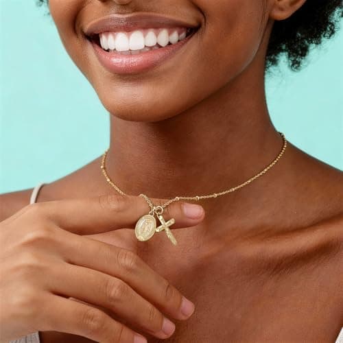 Juvux Virgin Mary Cross Necklace for Women Girls Cross Pendant Necklace Plated 14K Gold Simple Jesus Cross Necklace for Girls First Communion Religious Easter Baptism Gifts - Thumbnail 4