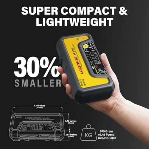 LOKITHOR JP400 Jump Starter with Air Compressor, 2500A 12V Portable Car Battery Booster Pack (8.5L Gas/6.5L Diesel) with ConnectMax Tech, 150PSI Tire Inflator, Auto-Shutoff & Dynamic Dwell (Yellow) - Thumbnail 4