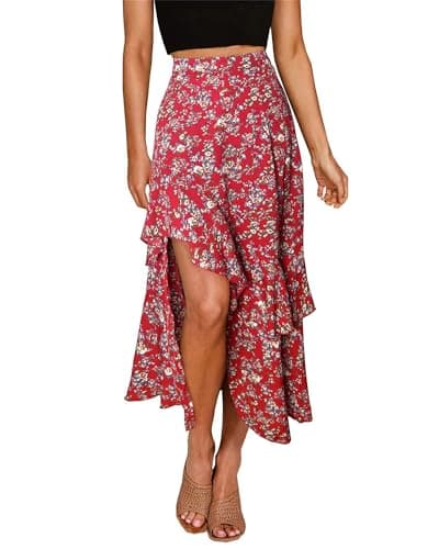 BTFBM Women 2026 Spring Summer Long Skirts Dress Boho Floral Elastic Waist Split Ruffle High Low Beach Maxi Skirt Clothes(Print Floral Red, Small) - Image 1