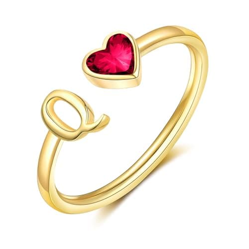 GLEZZA Graduation Gifts-Initial Rings for Women 14K Gold Plated Birthstone Rings Stackable Dainty Letter Rings Christmas Birthday Birthstone Jewelry Gifts for Mother Daughter,Adjustable Size - Image 1