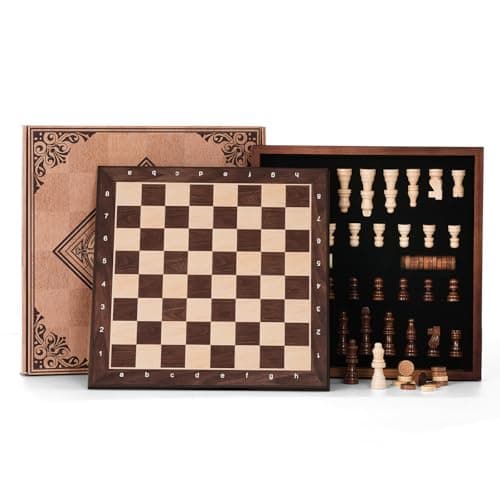 Peradix Wooden Chess Set for Kids Magnetic 12'' Checkers Chess Board Game Set 2 in 1 with Drawer, Unique Chess Pieces with 2 Extra Queens, Family Board Games Educational Sets