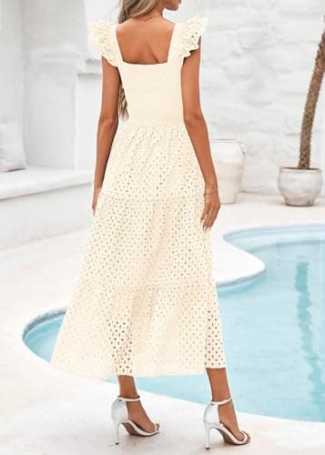 Lazysmile Womens Summer Maxi Dress Square Neck Ruffle Cap Sleeve Hollow Out Eyelet Smocked Tiered A Line Boho Sundress Apricot - Thumbnail 2