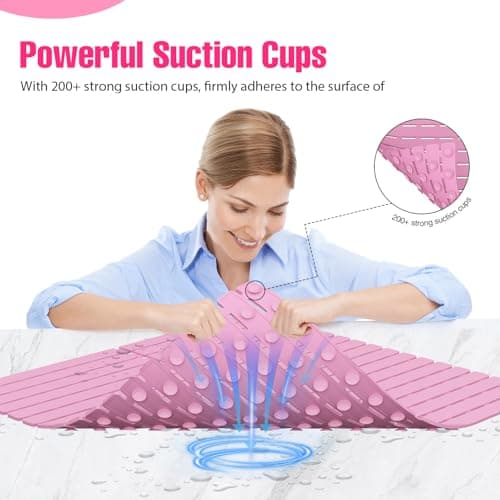 Shower Mat Non-Slip Bath Mat for Tub and Shower Stall,236 Suction Cups with Drain Holes, Quick Dry Machine Washable, Extra Grip for Stand Up Showers, Bathroom Essentials 24x24 Inch (Pink) - Thumbnail 3
