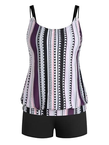 ZAFUL Two Piece Tankini Swimsuit for Women Tummy Control Bathing Suit with Boy Shorts Blouson Swimwear 3-Pink Purple Stripes L - Thumbnail 2