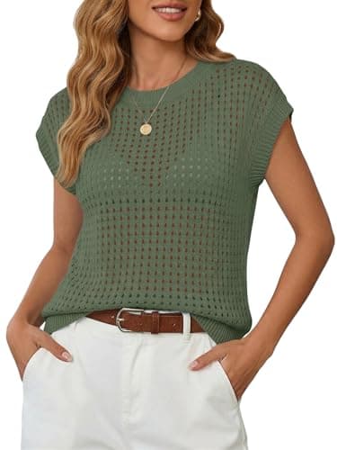Saodimallsu Womens Crochet Sweaters Summer Cap Sleeve Knit Tops Lightweight Crewneck Beach Vacation Clothes Army Green - Image 1