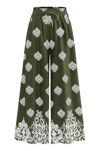 CFLONGE Women Wide Leg Pants Casual High Waist Floral Palazzo Pants for Women Flowy Trendy Lounge Boho Beach Trousers Pockets(Army Green,Medium) - Image 1