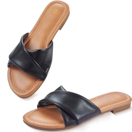 YTSKJ Women's Flat Sandals Round Open Toe Comfortable Fashion Cute Ladies Slides Sandals Women Dressy Summer Flat Leather Casual Fashion Beach Shoes Black Size 9 - Image 1