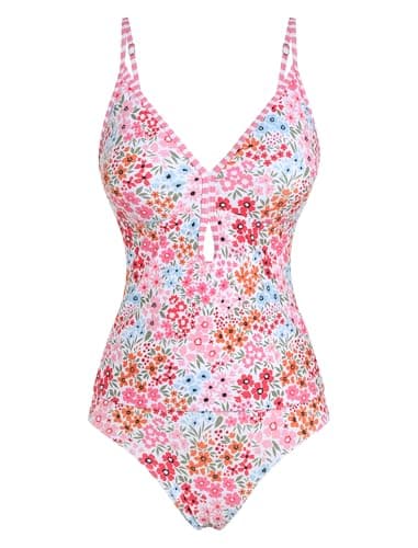ZAFUL Two Piece Womens Tankini Swimsuits V Neck Color Blocked Plaid Tummy Control Swimsuit with Wigh Waist Briefs Swimwear Floral M - Thumbnail 5