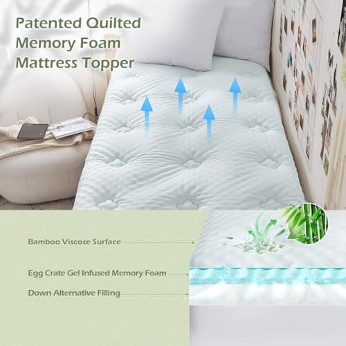 Hansleep Twin Mattress Pad Topper Memory Foam, Twin Foam Mattress Topper Viscose Derived from Bamboo, Twin Size Bed Mattress Pad Cover for Back Pain Relief, 39" x 75", White - Thumbnail 2