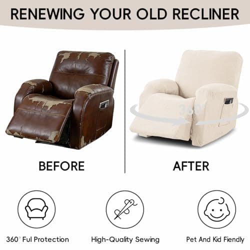 Cushonix Recliner Chair Covers,4-Piece Stretch Geometric Strokes Jacquard Reclining Chair Slipcovers,Furniture Protector with Side Pocket,Soft Breathable Couch Cover Pet-Friendly,1 Seater Beige - Thumbnail 6