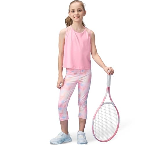 Gogokids Girls' Activewear Workout Set 2 Piece Athletic Sets Sleeveless Mesh Tank Tops and Capris Leggings Yoga Pants, Pink(150/11-12 Years) - Image 1