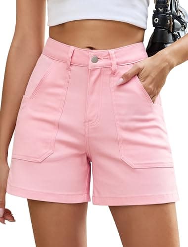 Eddoyee Women Stretchy Shorts High Waisted Cotton Shorts Summer Casual Chino Shorts with Pockets Trendy(Pink, Medium) - Image 1