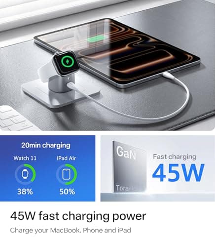 TORRAS Flasheye for Apple Watch Charger & iPhone Charger, 2-in-1 GaN 45W Phone Charger Fast Charging, 90° Foldable USB C Wall Charger Block for iPhone 17/16/15,iPad,MacBook,AirPods,Android, Space Grey - Thumbnail 2