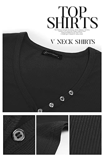 PRETTYGARDEN Women's Summer Casual Henley T-Shirts Short Sleeve V Neck Button Up Ribbed Knit Slim Fit Basic Tops(Black, Medium) - Thumbnail 5