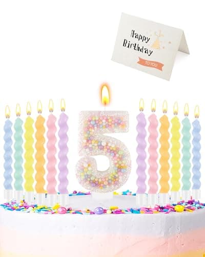 Birthday Candles for Cake, Pink Number Candles, Cake Candles with Greeting Card for Birthday Party Wedding Anniversary Celebrations（5 Candle,White Number Macaron）