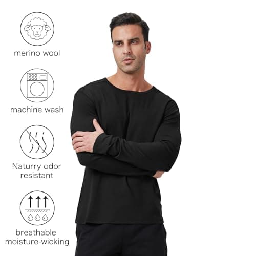 Outdoor Men's Merino Wool Quick-Drying Hiking Warm Long-Sleeved Underwear Sports ski Base top 250g Black XXL - Thumbnail 2