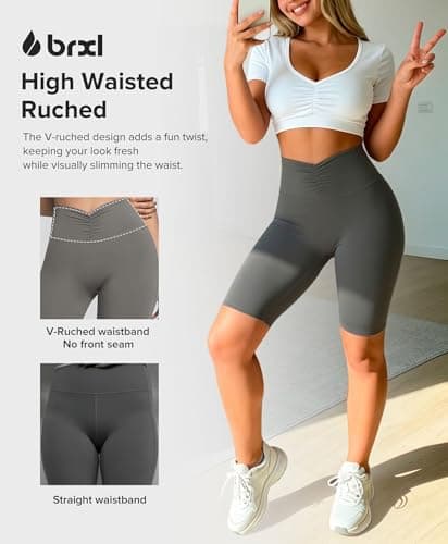 BRXL Biker Shorts for Women 8" No Front Seam High Waist Yoga Workout Gym Shorts Tummy Control with Inner Pocket Grey - Thumbnail 3