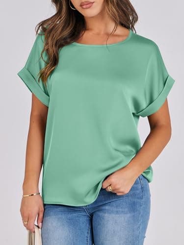 ANRABESS Women's Summer Dressy Casual Short Sleeve Shirts Crewneck Satin 2026 Business Office Work Blouse Tops Light Green Large - Thumbnail 2